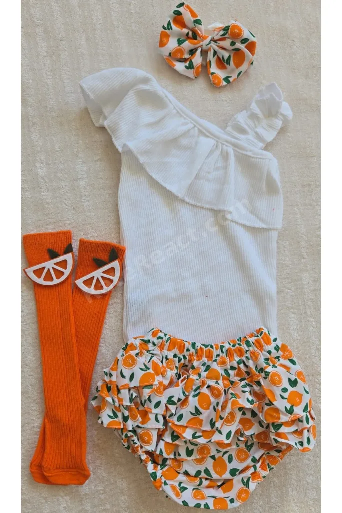 Kız Bebek Ribana Beyaz Tek Kol Askılı Çıtçıtlı Body Fırfırlı Desenli Etek Çorap set