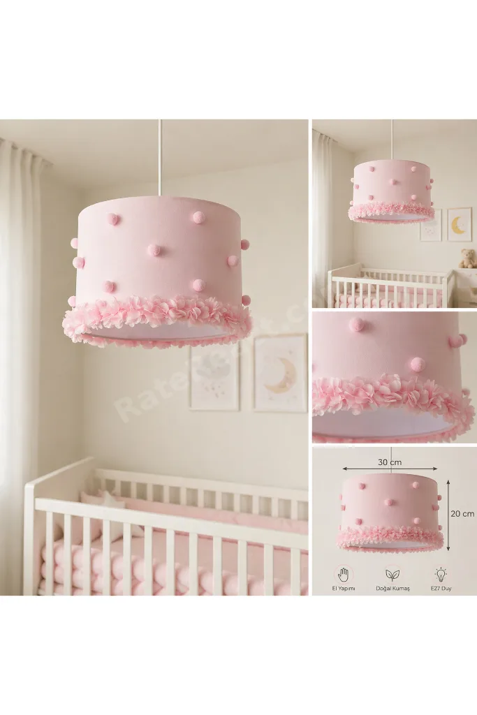 Pembe Ponponlu Çiçek Detaylı Bebek Odası Avizesi – Pastel El Yapımı Tasarım