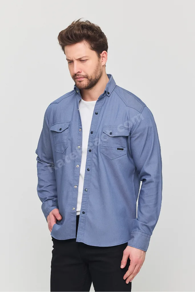 Slim Fit Erkek Kot Gömlek Mavi 5XL BEDEN 110-115 KİLO