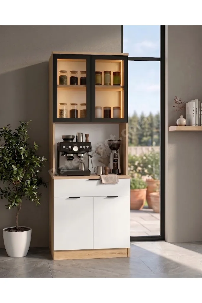 Dream Premium Minimal Kahve İstasyonu - Safir Meşe Temperli Camlı LED Modül