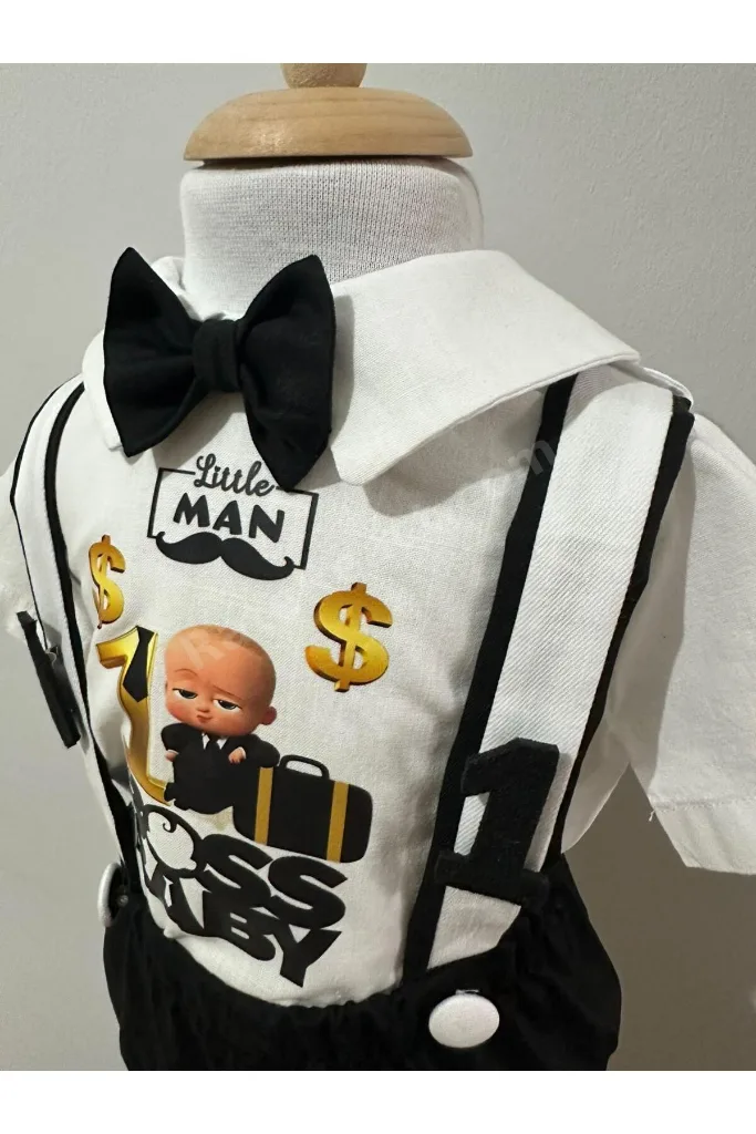 Patron bebek konseptli 1 yaş doğum günü salopet gömlek corap papyon takımı