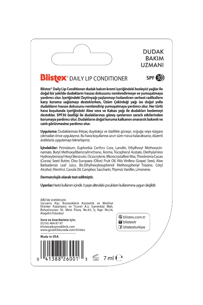 Daily Lip Conditioner - Yoğun Nemlendirme Etkili Günlük Dudak Bakım Kremi Spf30