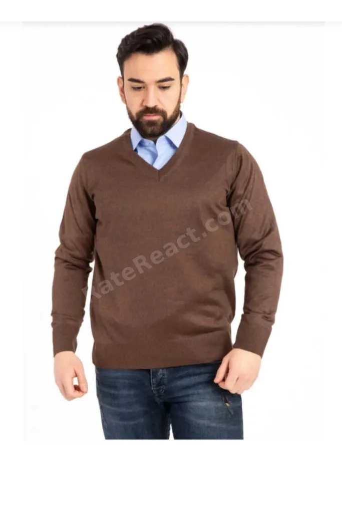 Erkek Ince Yün Triko Örgü Regular Baba V Yaka Kazak