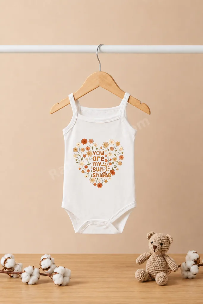%100 Pamuk Kalp Detaylı You Are My Sunshine Baskılı Bebek Askılı Zıbın Beyaz