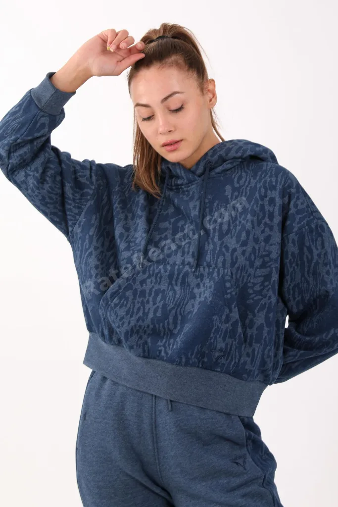 Oversize Kadın Kapüşonlu Navymelanj Sweatshirt
