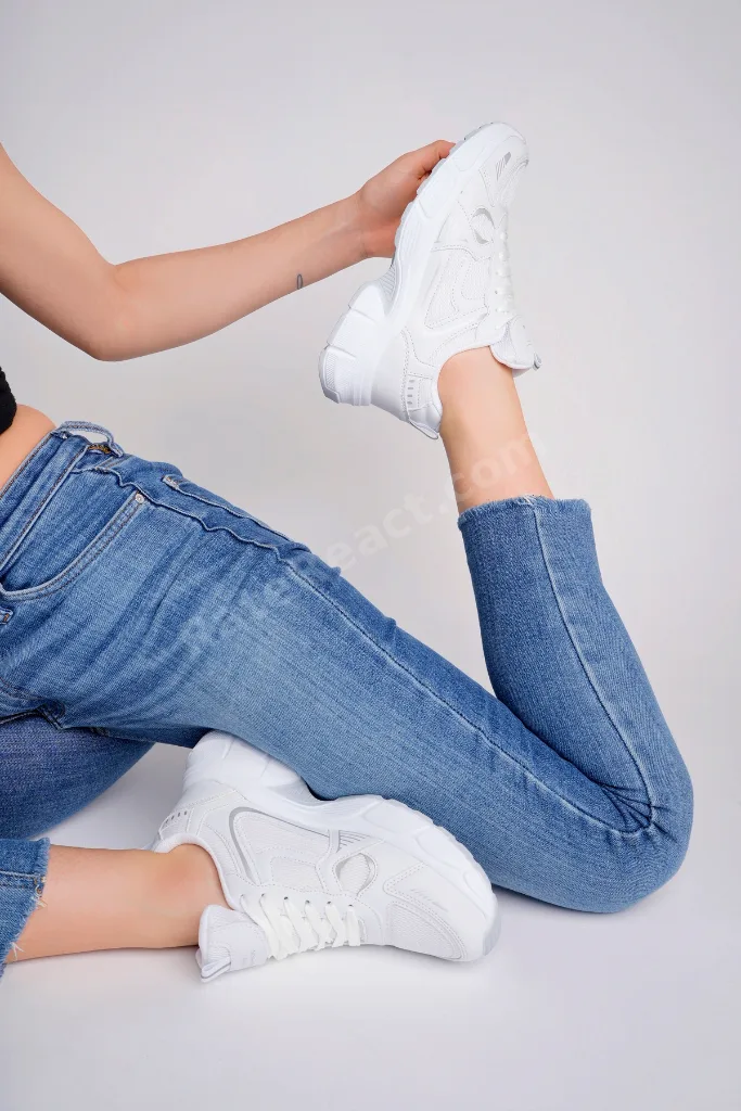 Unisex Beyaz Günlük Snekars Spor Ayakkabı Topuk 4 Cm