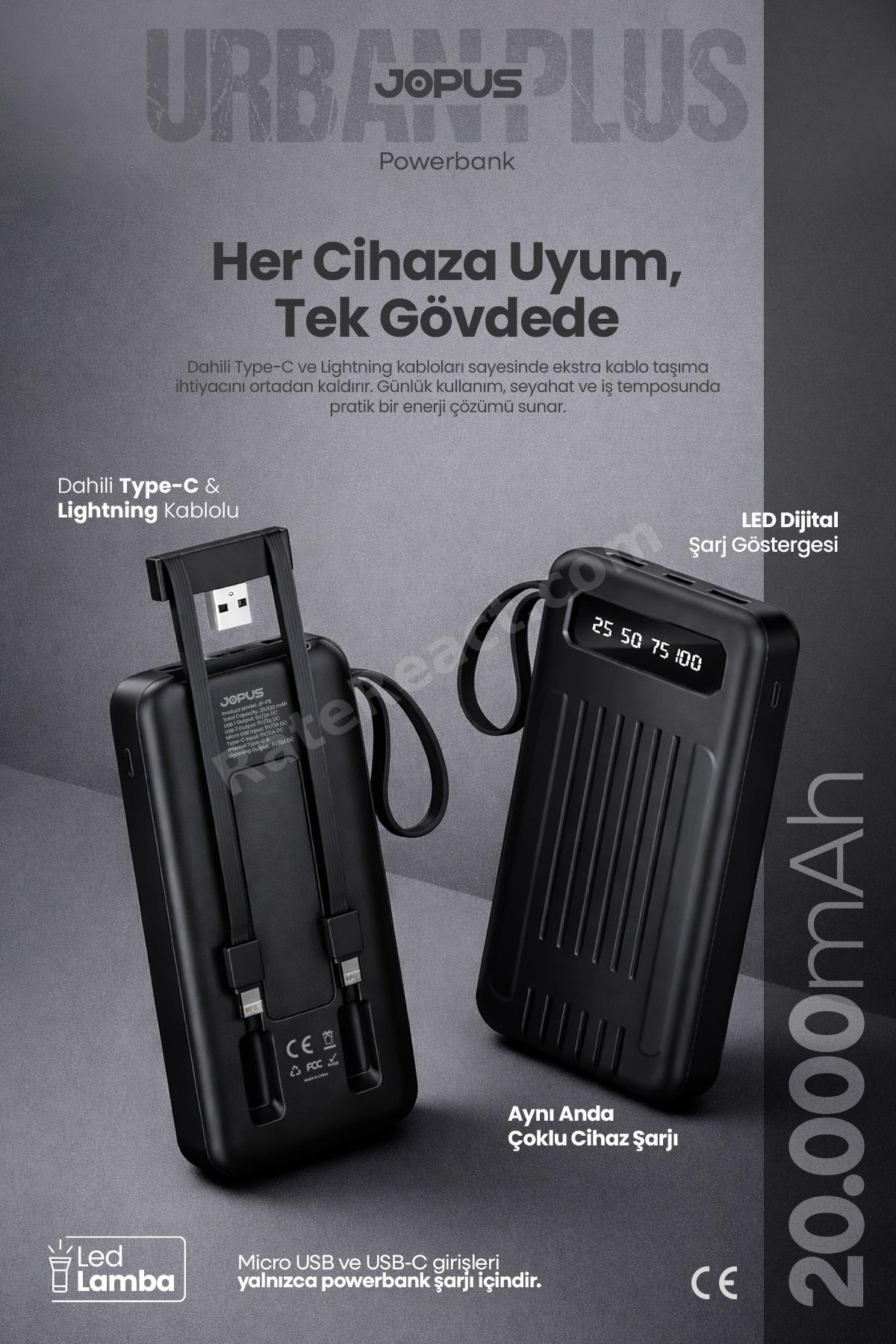 20000mAh PowerBank Dahili Kablolu, LCD Ekranlı, LED Lambalı, Taşınabilir Şarj Cihazı - Siyah JP-P11A