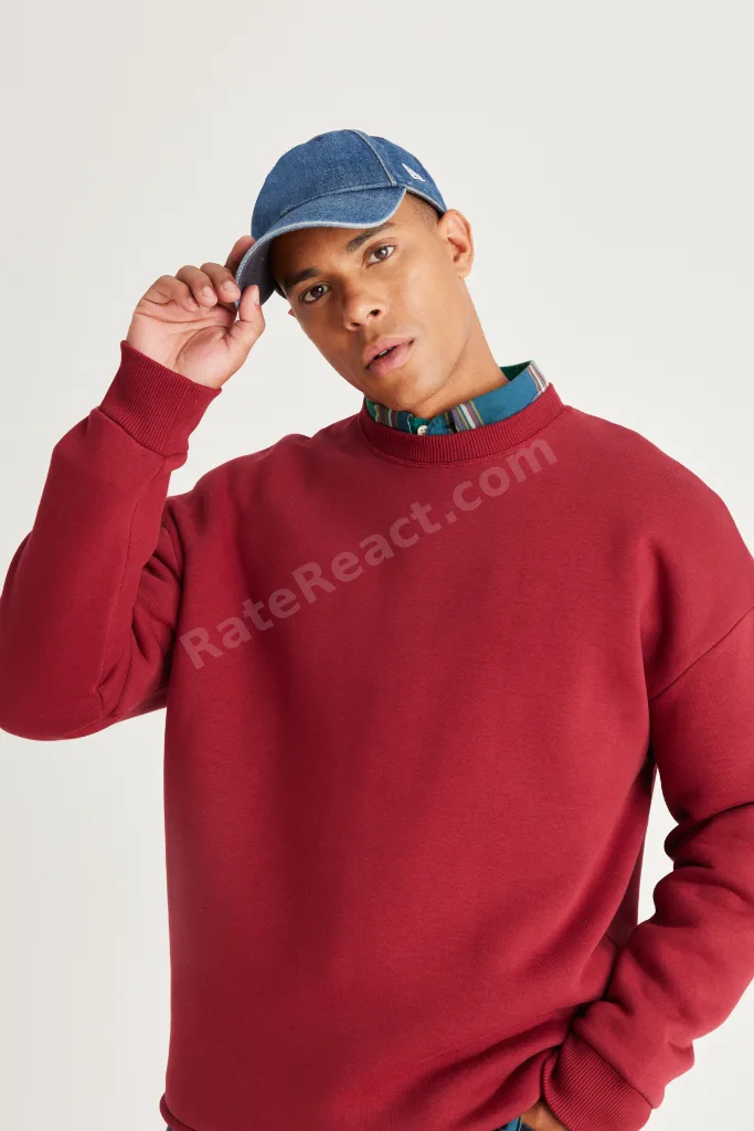 Bordo Oversize Bol Kesim Içi Polarlı 3 Iplik Bisiklet Yaka Pamuklu Sweatshirt