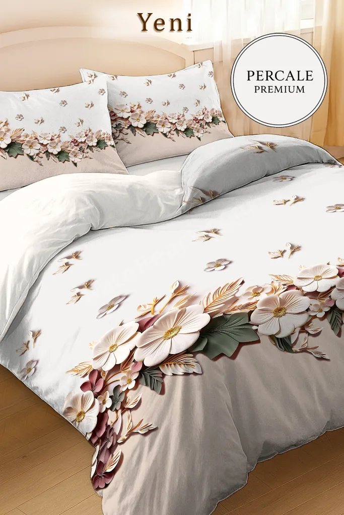 %100 PAMUK Percale Çeyizlik Luxury 5D Dijital Çift Kişilik Nevresim Takımı Mimoza
