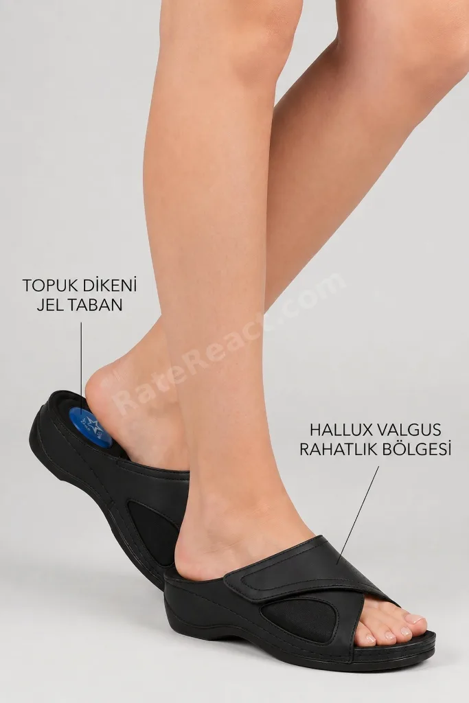 Siyah Topuk Dikeni Destekli Jel Tabanlı Hallux Valgus Uyumlu Anatomik Günlük Kadın Terlik