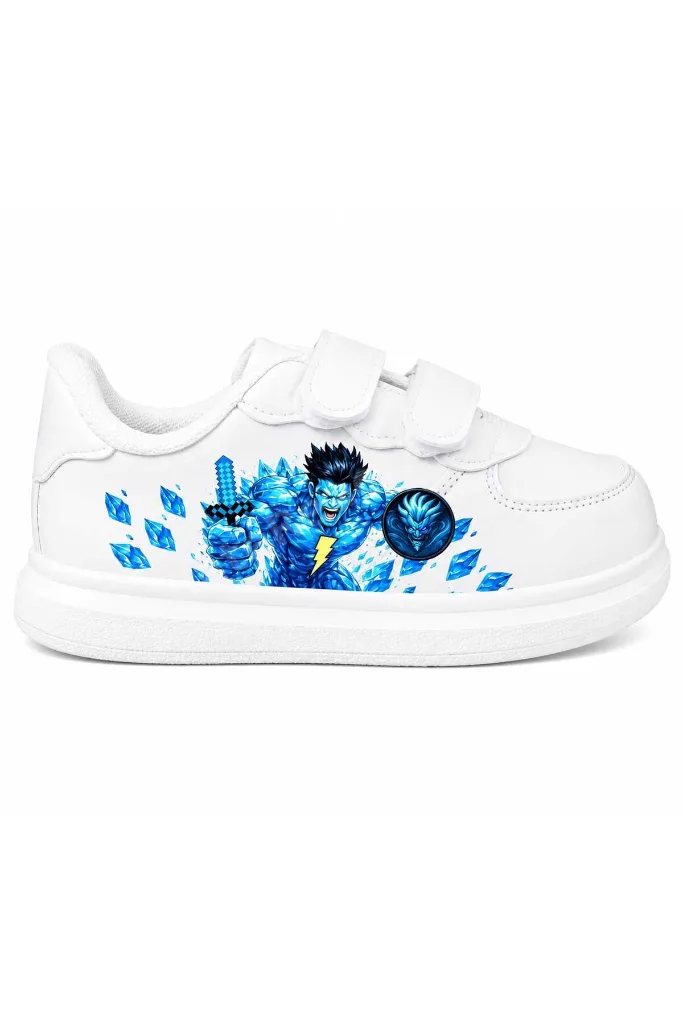 mavi şimşek baskılı beyaz bantlı çocuk spor ayakkabı sneaker