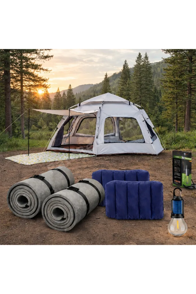 5-6 Kişilik Lüks Kamp Çadırı Seti 280x240x155 cm Mat Yastık Solar Lamba