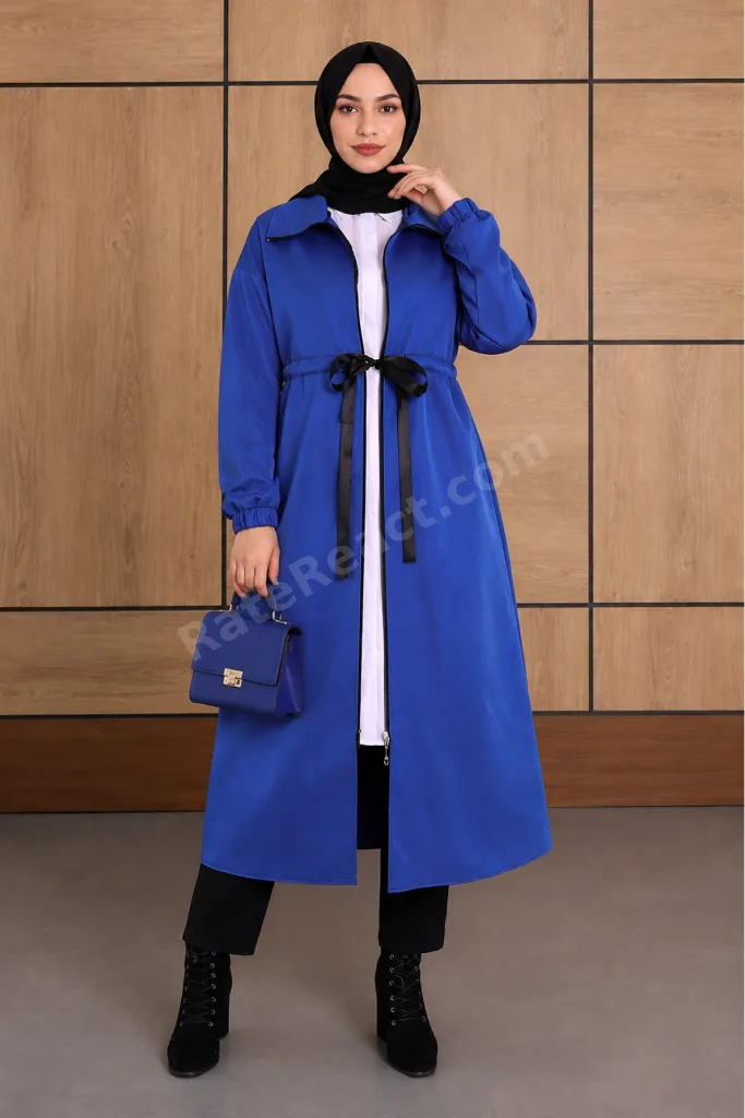 Oversize Modern Dik Yakalı Trenç - Saks