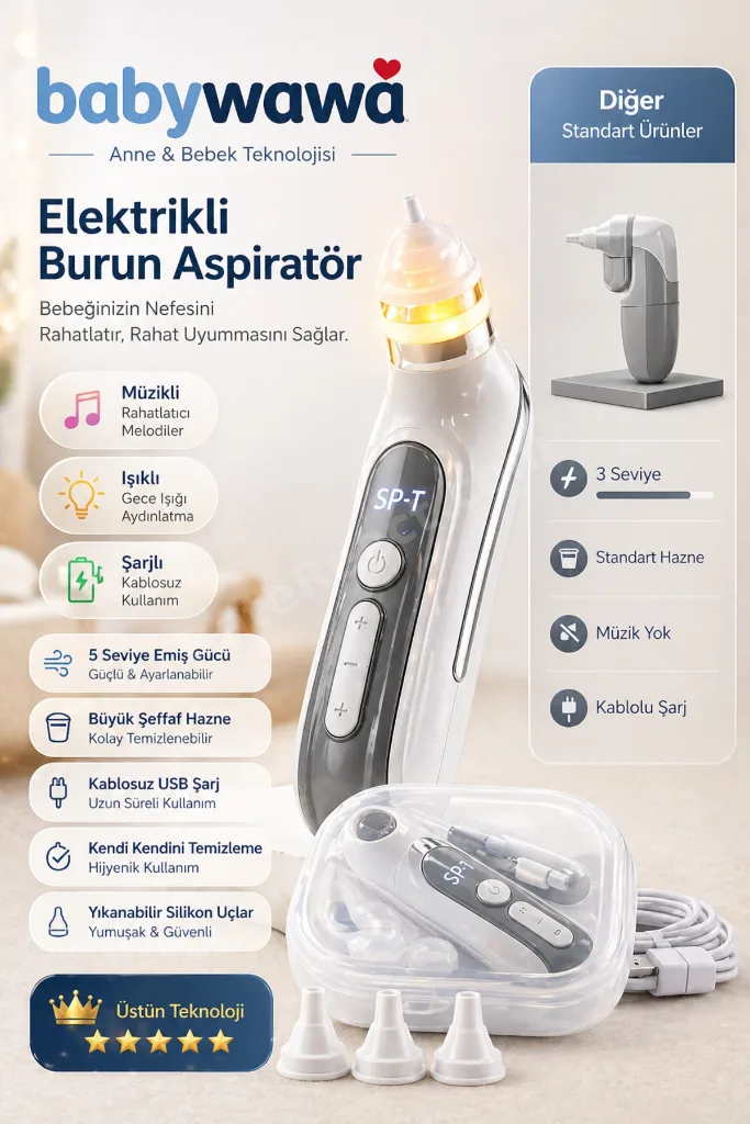 H-031 Şarjlı Kendini Temizleyen 5 Kademe Burun Aspiratörü 0-12 Yaş Işıklı Müzikli Nasal Aspiratör