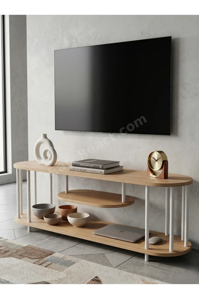 Çevir-Kur TV Ünitesi, 2 Katlı Televizyon Sehpası, Minimalist, Dayanıklı, TV Standı Ahşap Beyaz