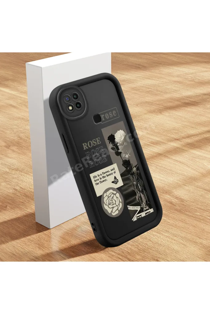 Redmi 9C Uyumlu, şık gül desenli, yüksek kaliteli silikon telefon kılıfı.