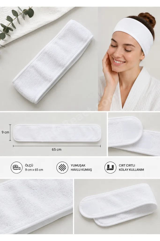 2’li Set Cırt Cırtlı Beyaz Havlu Saç Bandı Unisex – Makyaj, Cilt Bakımı, Spa & Yoga İçin Ayarlanabilir Yumuşak Bandana (9x65 cm)