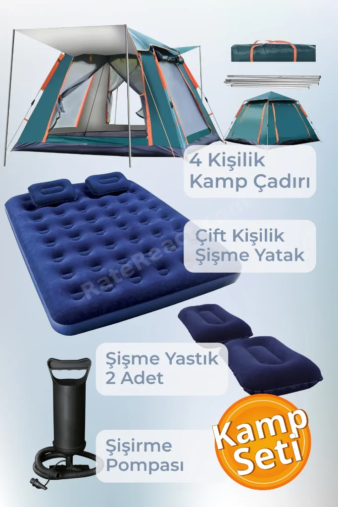 Kamp Seti 4 Kişilik Kamp Çadırı Çift Kişilik Yatak Yastık Pompa