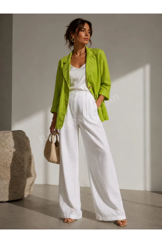 Fıstık Yeşili Keten Görünümlü Blazer Ceket – Oversize Yazlık Şık Ceket