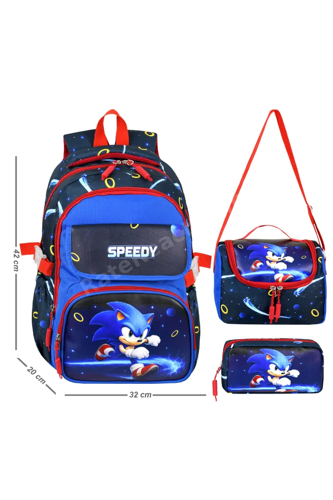 Deri Baskılı Mavi Sonic Temalı İlkokul Sırt Çantası,Termal Beslenme Çantası Ve Kalemlik