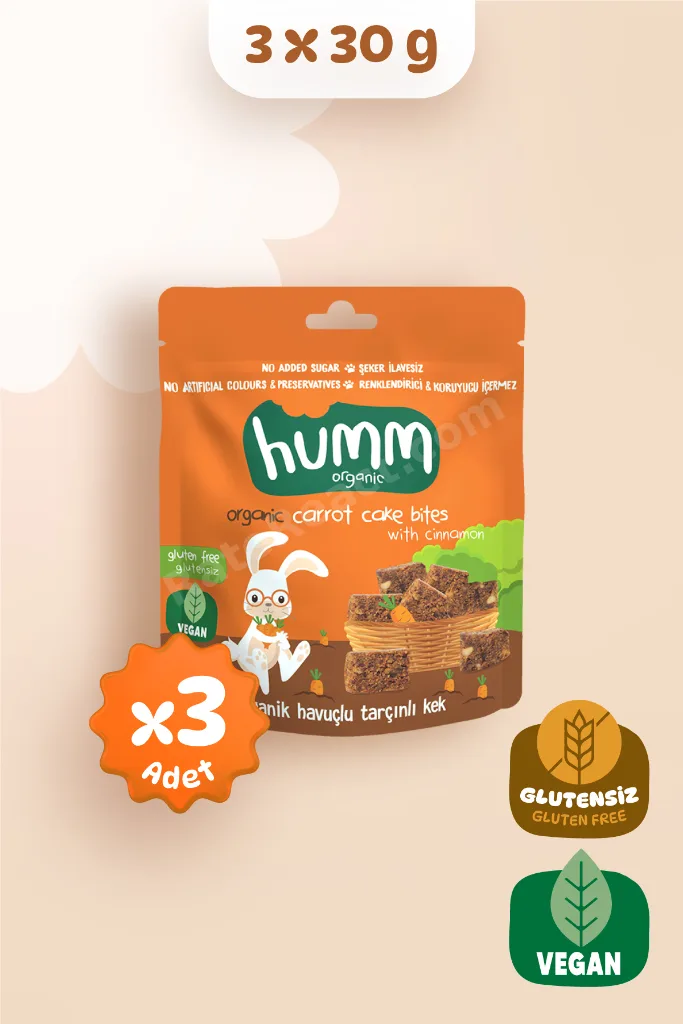 Organik Glutensiz Vegan Havuçlu ve Tarçınlı Kek Atıştırmalık Paketi - 3 adet