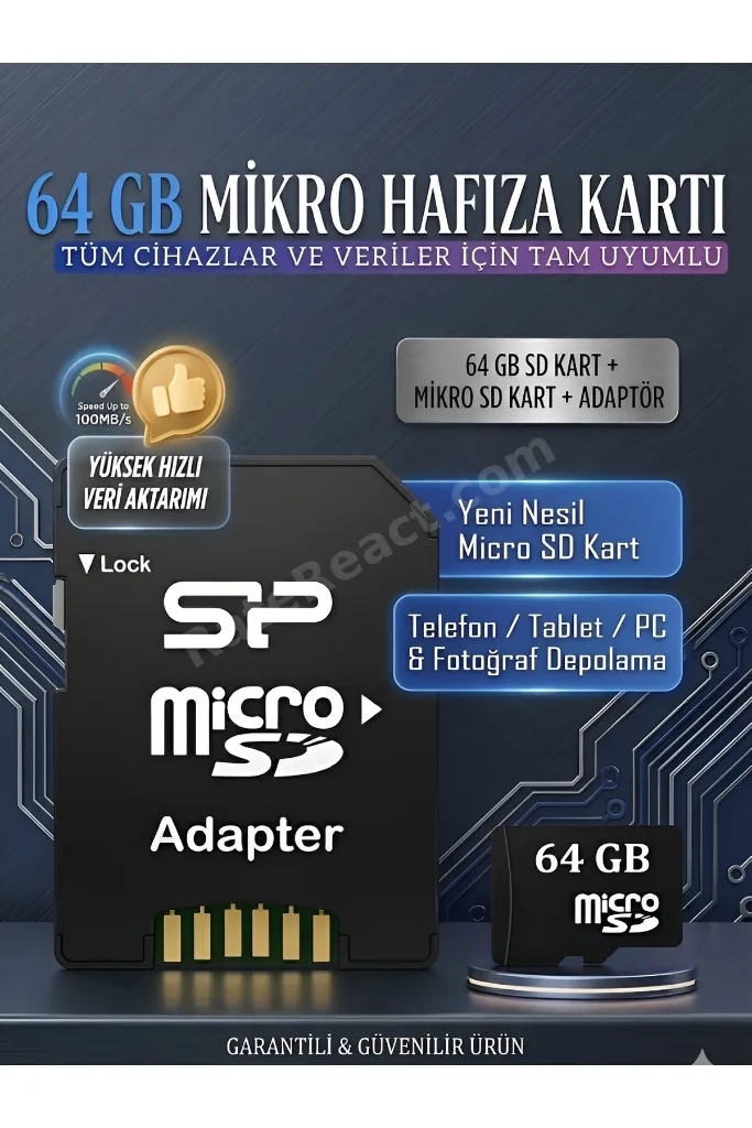 64 Gb Micro Sd Kart Veri Aktarımı-Depolama Hafıza Kartı Tüm Cihazlara Uyumlu Adaptörlü Memory