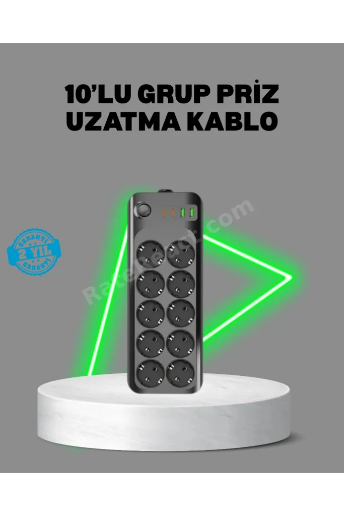 Termal Akım Korumalı 10’Lu Grup Priz Usb Type-C Hızlı Şarj 2500W 2M Kablo