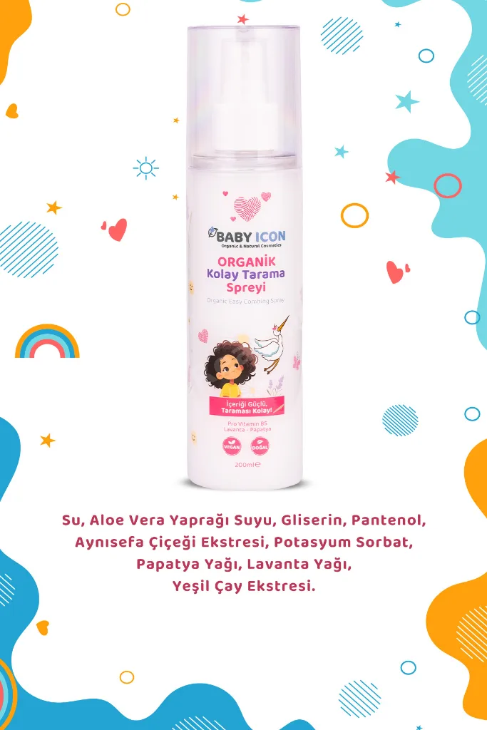 %100 Organik Vegan Kolay Saç Tarama Spreyi Çocuklar İçin Nemlendirici Lavanta Papatya Özlü 200ML
