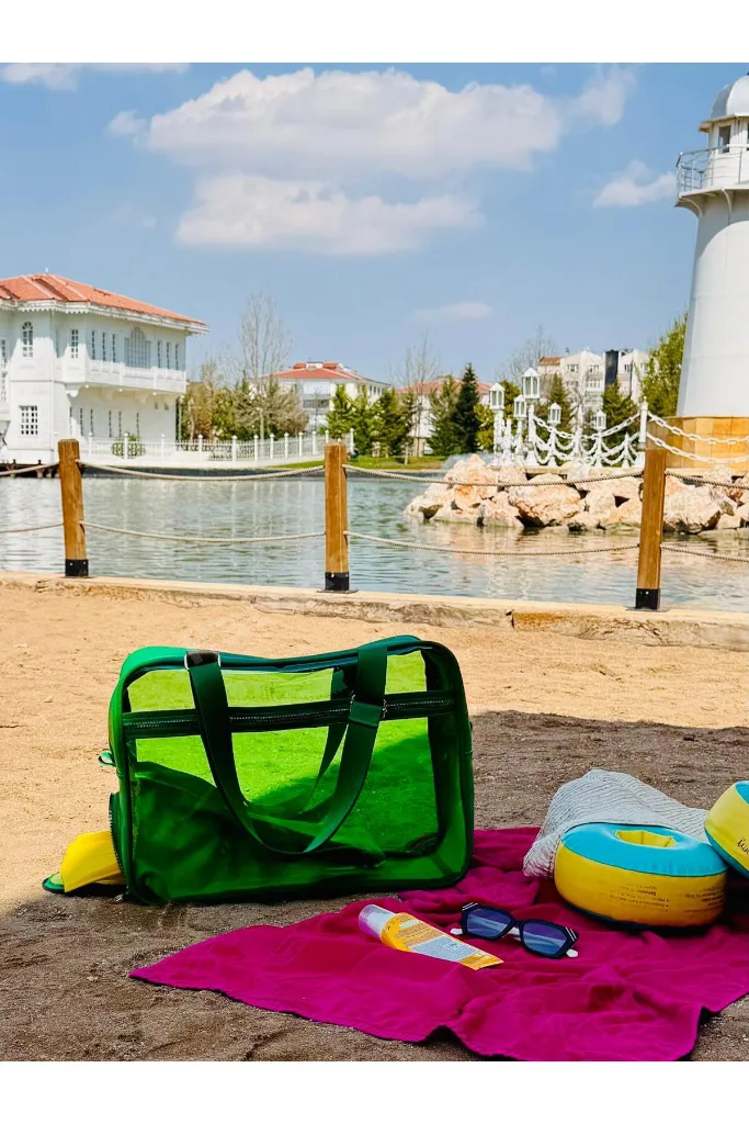 Neon Suni Deri & Renkli Şeffaf PVC Yıkanabilir Islak ve Kumlu Eşya Cebi Olan Plaj Çantası