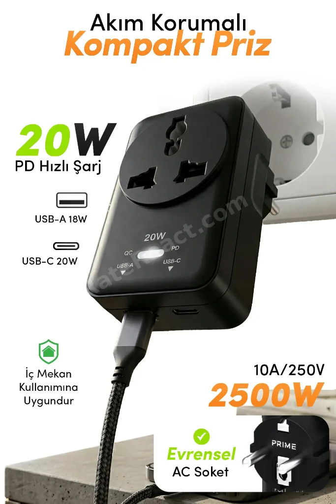 20WPD Hızlı Şarjlı Akım Korumalı Evrensel Priz Dönüştürücü Siyah USB-C & USB-A Çıkışlı 2500W
