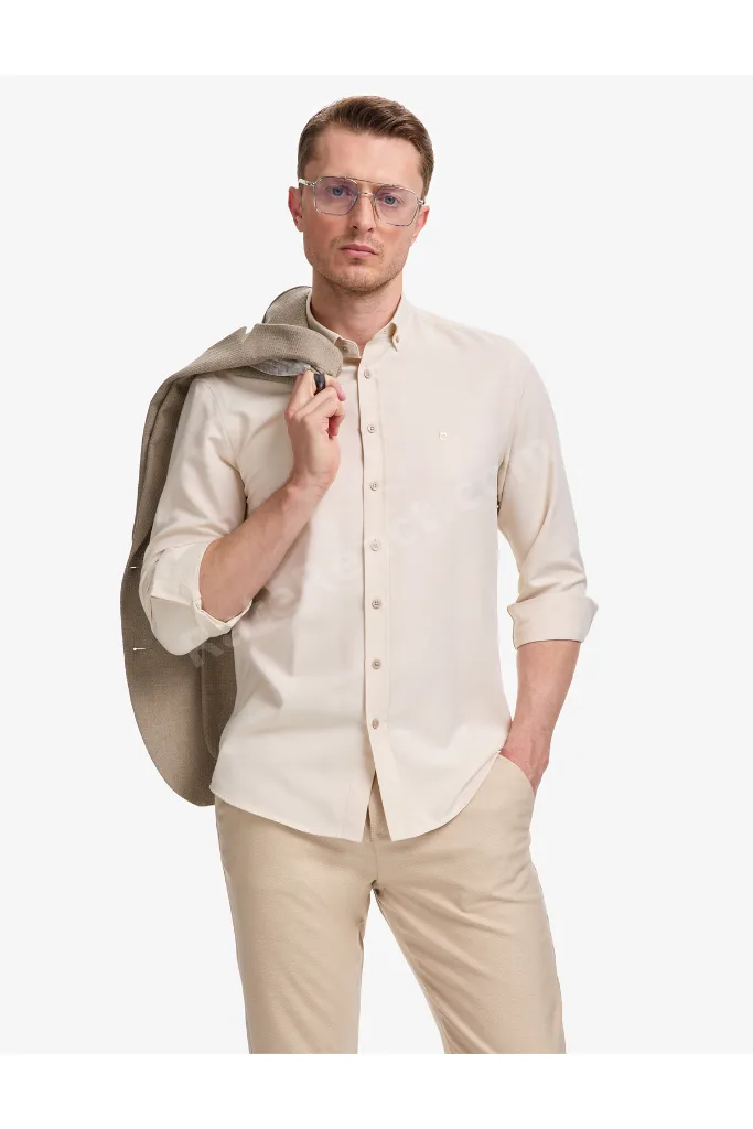 Bej Oxford Slim Fit Kolay Ütülenebilir Gömlek 50325365-VR011