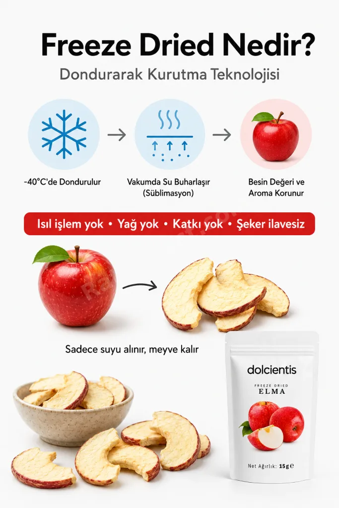 Freeze Dried Elma 15 g Dondurularak Kurutulmuş Çıtır Dilim Elma Cipsi Şeker İlavesiz