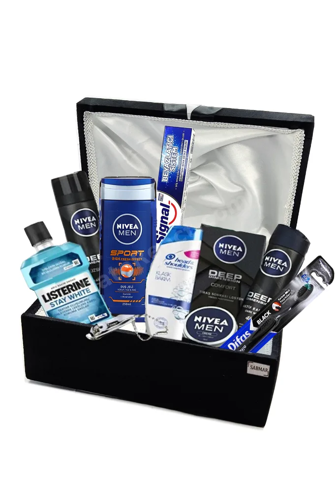 Damat Bohçası Damat Çeyiz Sandığı Nişan Bohçası Erkek Bakım Seti Sabmar Deluxe Set Siyah 2022033ts