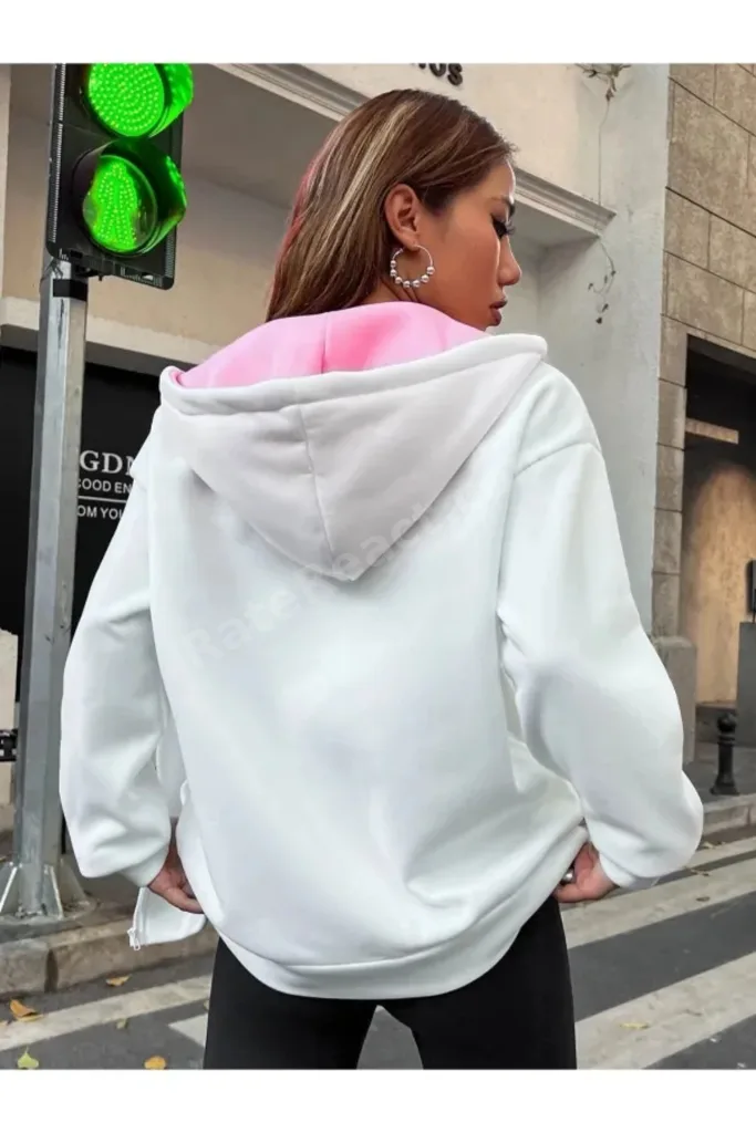 Büyük Beden Unisex Beyaz Renk Fermuarlı Pembe Brooklyn Baskılı 3 İplik Polar Hırka / Ceket
