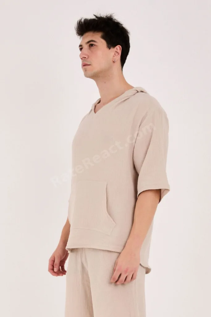 %100 Pamuk Kapüşonlu Kanguru Cepli Yazlık Bej Müslin Sweatshirt