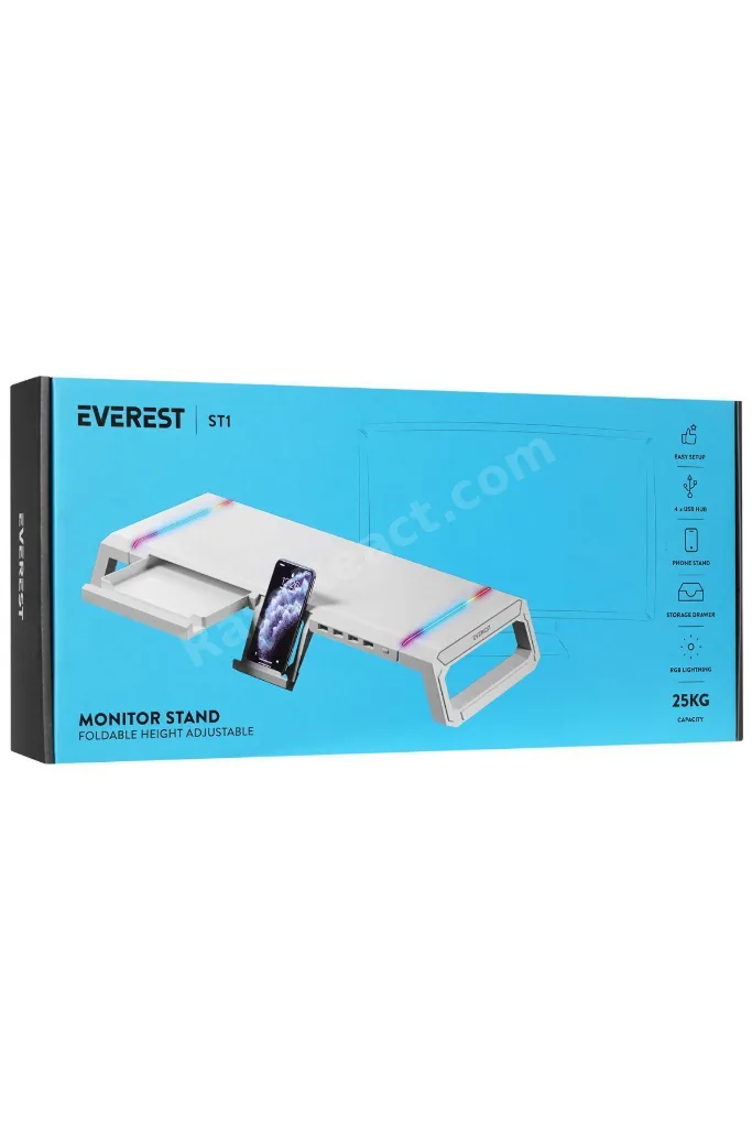 ST1 4 USB Hub RGB Işıklı Katlanabilir Yükseklik Ayarlı Beyaz Monitör Standı Yükseltici Stand