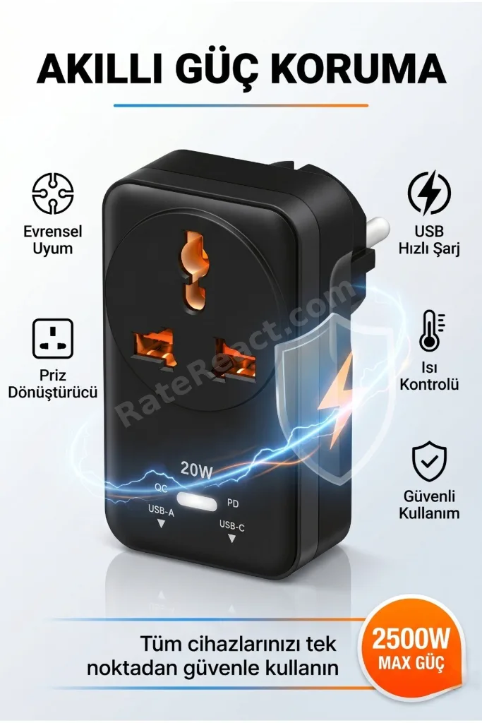 20WPD Hızlı Şarjlı Akım Korumalı Evrensel Priz Dönüştürücü Siyah USB-C & USB-A Çıkışlı 2500W