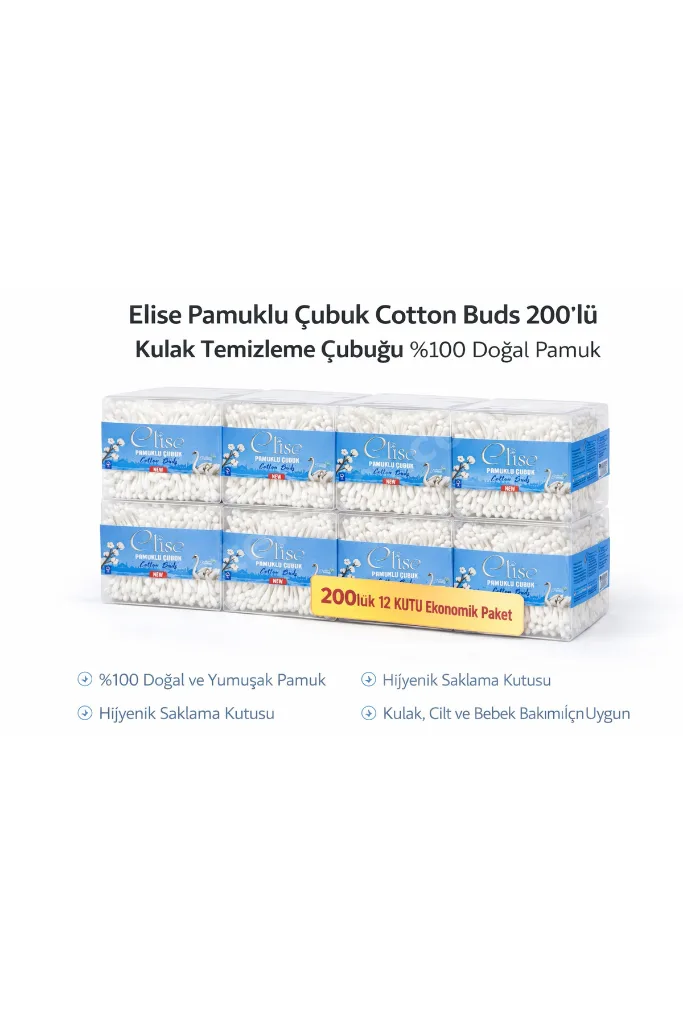 Elise Pamuklu Çubuk Cotton Buds 200’lü Kulak Temizleme Çubuğu Doğal Pamuk 12 Paket