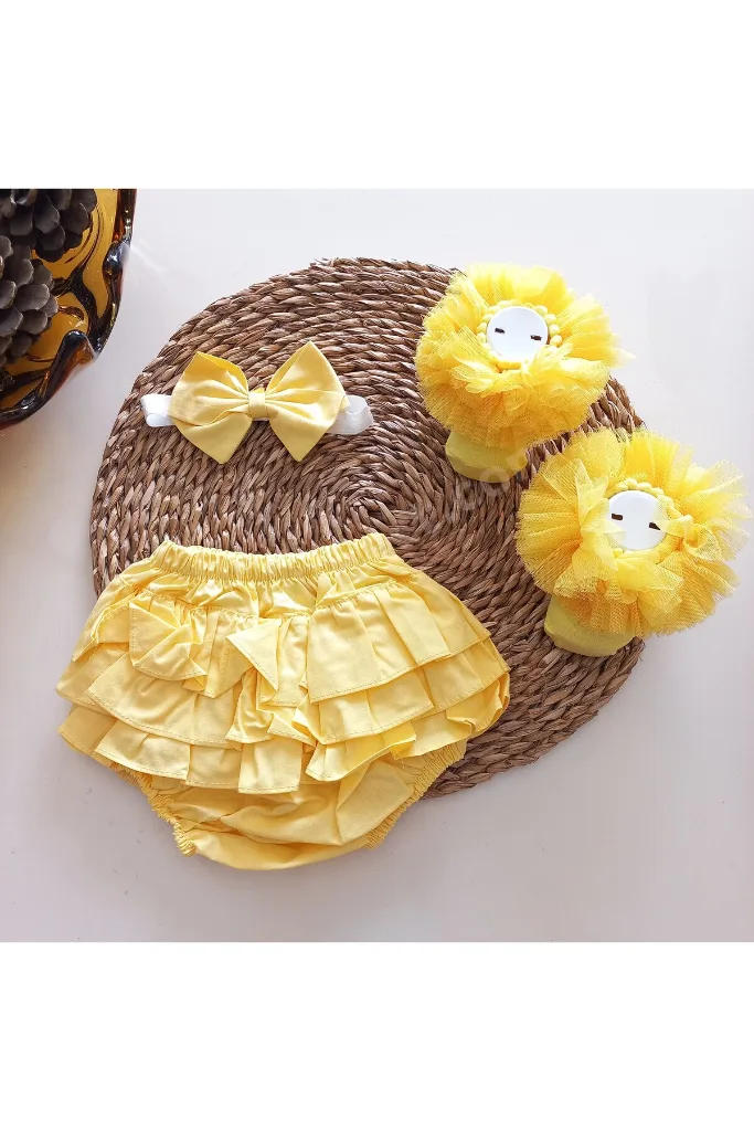 Kız Bebek Özel Gün Sarı Fırfırşort Etek Tütü Kokoş Kıvrık Çorap Set