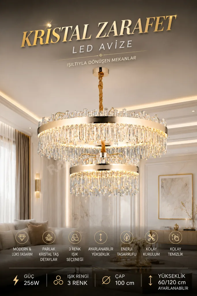 Modern (PREMIUM) Kristal Taşlı Gold LED Avize Cm 3 Renk Ayarlı Lüks Salon Yemek Odası Avizesi 256W