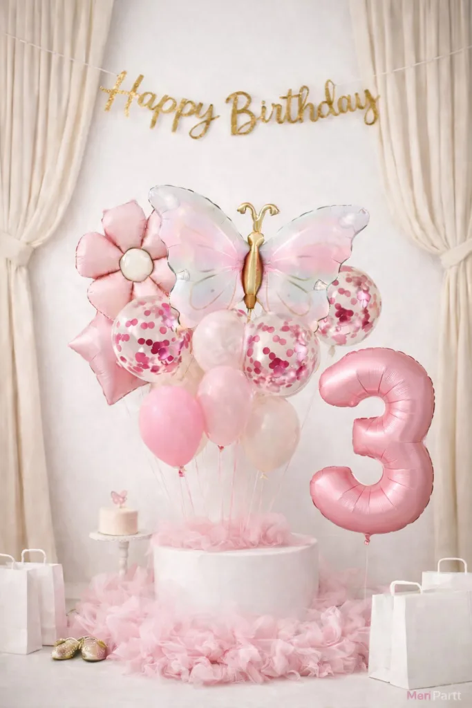 Kelebek Konsept Doğum Günü Balon Seti – Pudra Pembe Gold Happy Birthday Bannerlı Folyo Rakam Balon