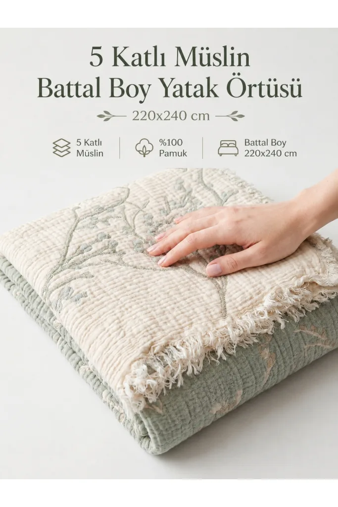 Söğüt Jakar Desenli 5 Katlı Dolgulu Müslin Battaniye Battal Boy , Çok Amaçlı Yatak Örtüsü & Pike