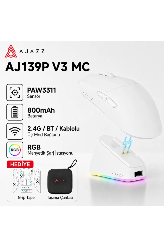 Aj139P V3 MC Kablosuz Oyuncu Mouse-800 Mah Batarya RGB Şarj İstasyonu Çanta ve Tape