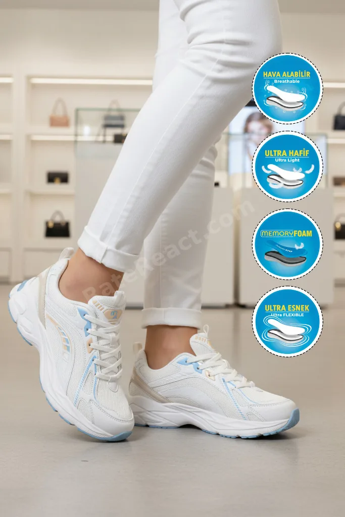 Beyaz-Mavi Memory Hafif Esnek Unisex Spor Ayakkabı PCI-11369 G