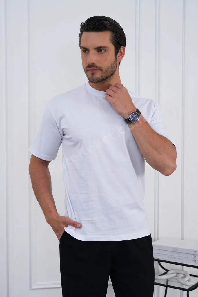 Bisiklet Yaka Beyaz Regular Fit %100 Pamuklu Erkek Tişört