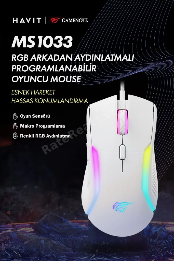 Gamenote Ms1033 Rgb Uyumlu 8000 Dpı Ayarlanabilir Ağırlıklı Beyaz Gaming Makrolu Oyuncu Mouse