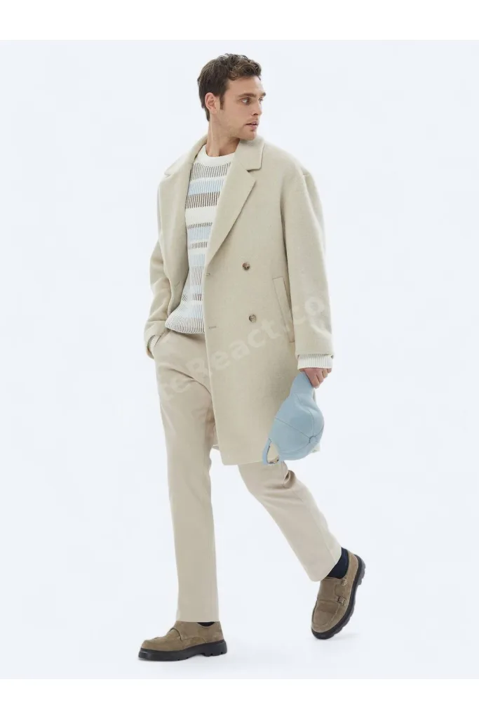 Açık Bej Oversize Fit Kruvaze Yaka Klasik Dokuma Palto