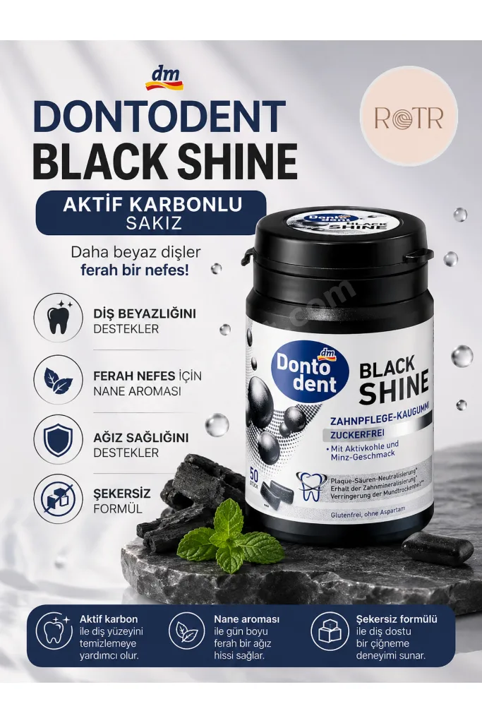 Dontodent Black Shine Aktif Karbonlu Şekersiz Çiğneme Sakızı 50 Adet Nane Aromalı