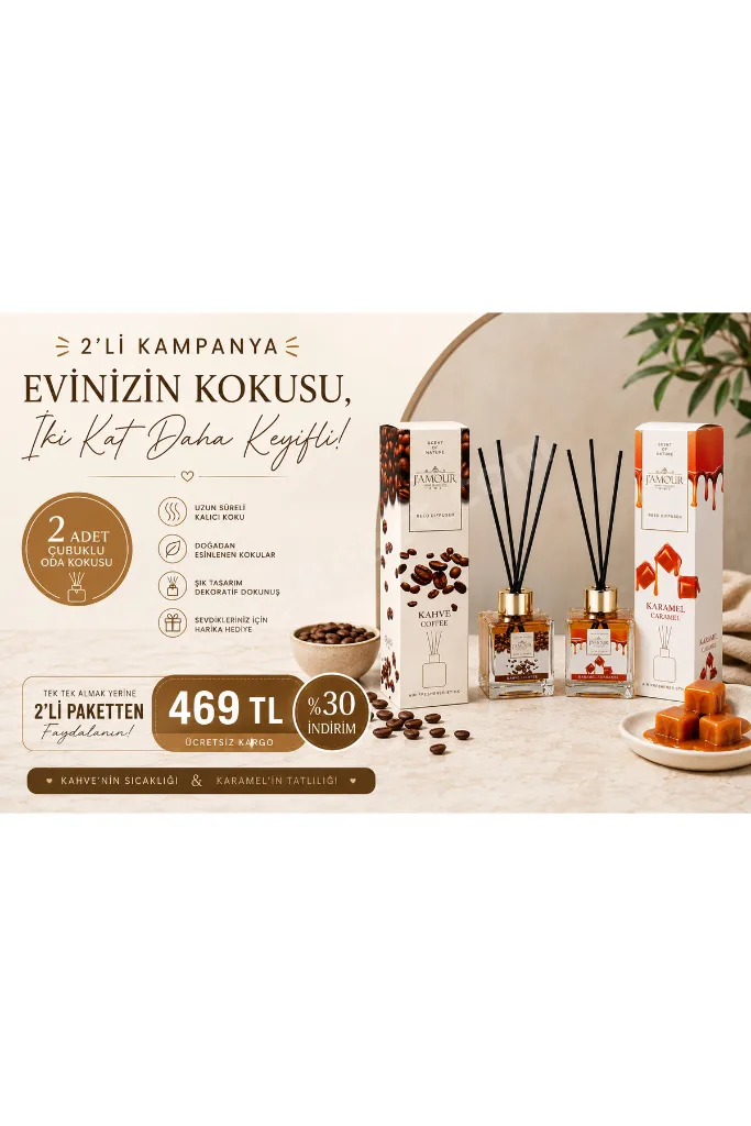 Kahve&Karamel Oda Kokusu 100 ml X2 Adet- Kalıcı,Uzun Süre Etkili Çubuklu Oda Kokusu