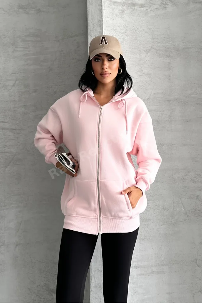 Oversize Kalıp 3 Iplik Şardonlu Metal Fermuarlı Kapşonlu Sweatshirt